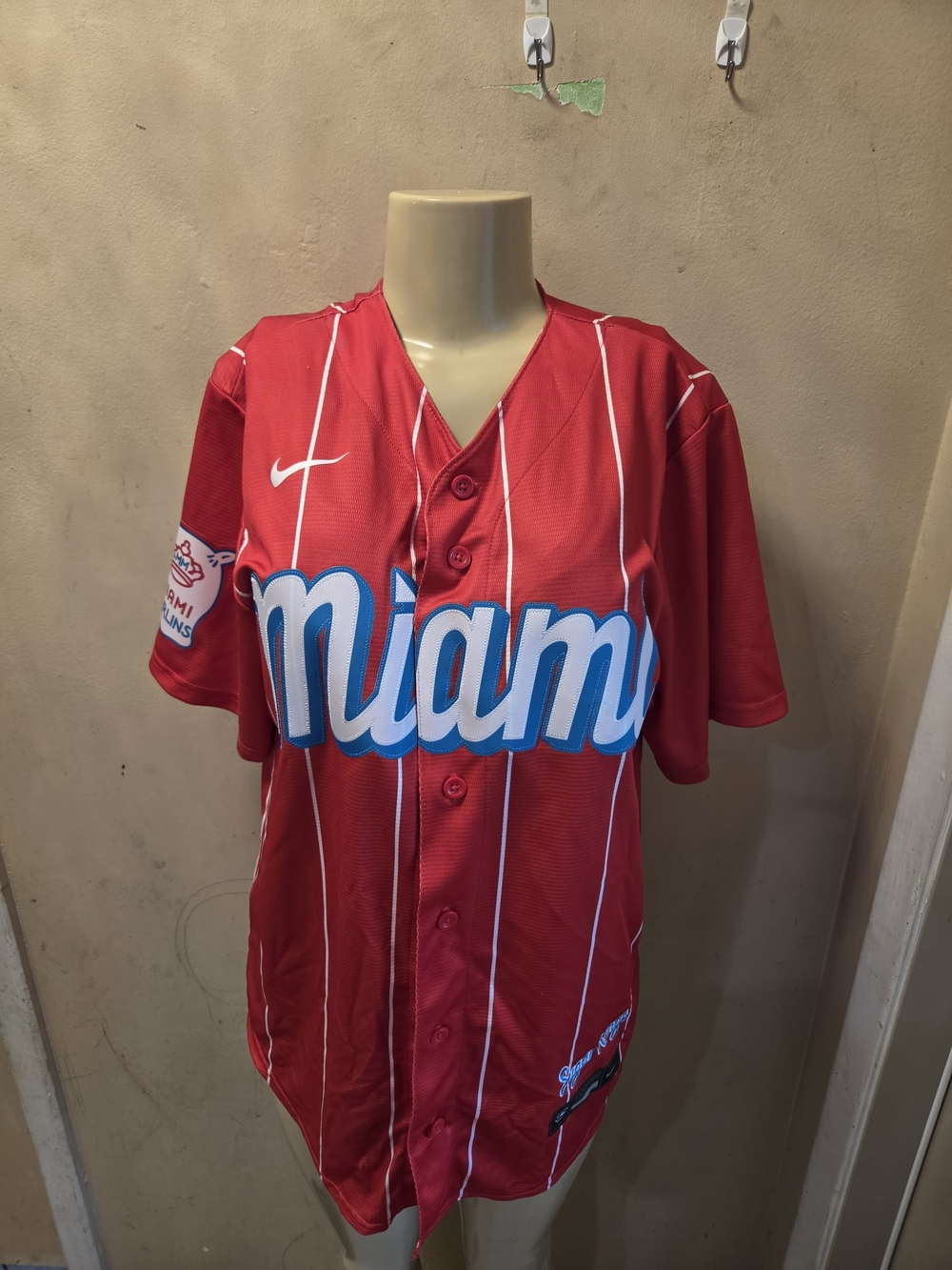 Nike Miami Red Pinstripe Baseball Jersey